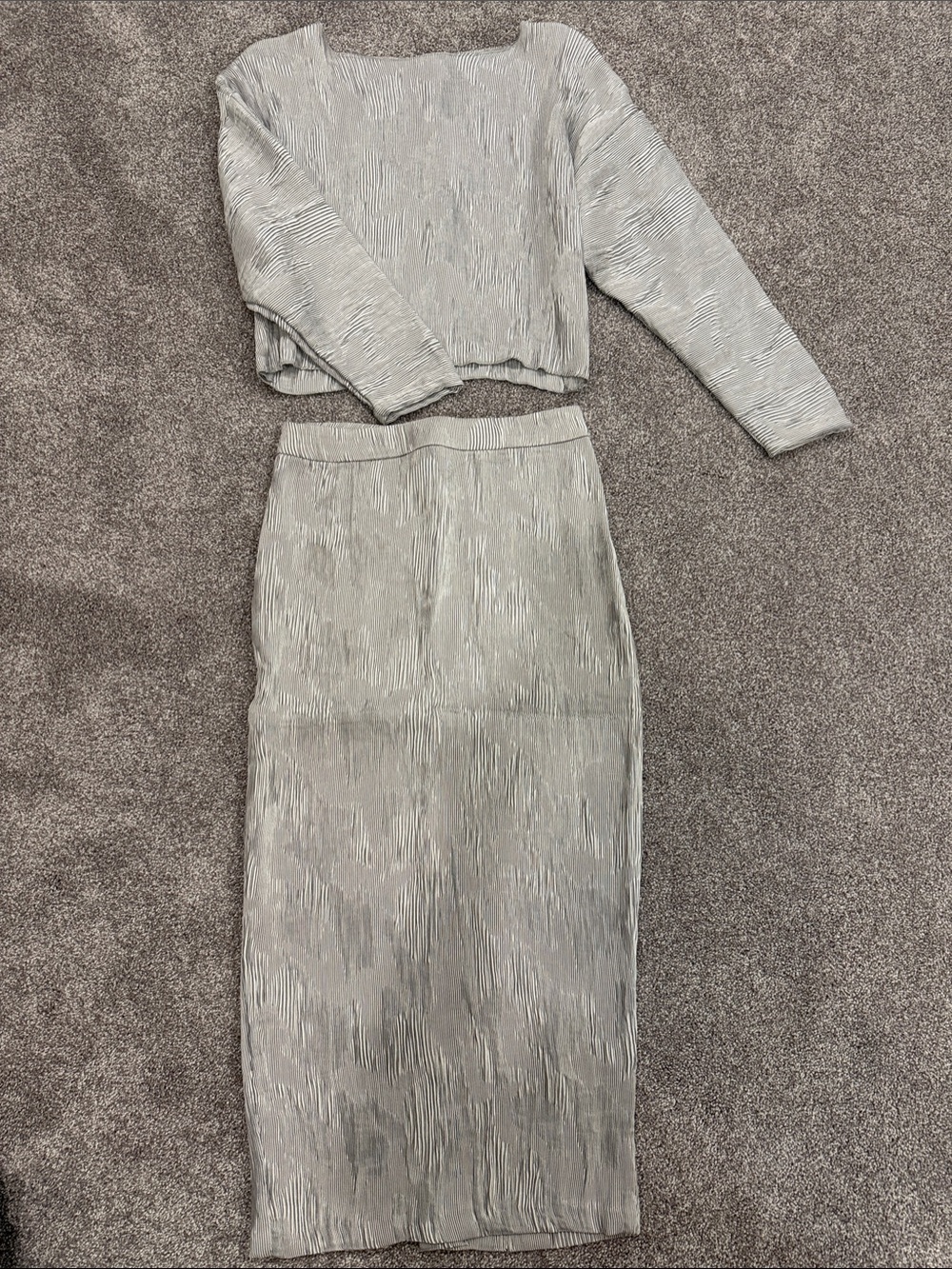 Zara Light Gray Textured Crop Top & Midi Skirt Set